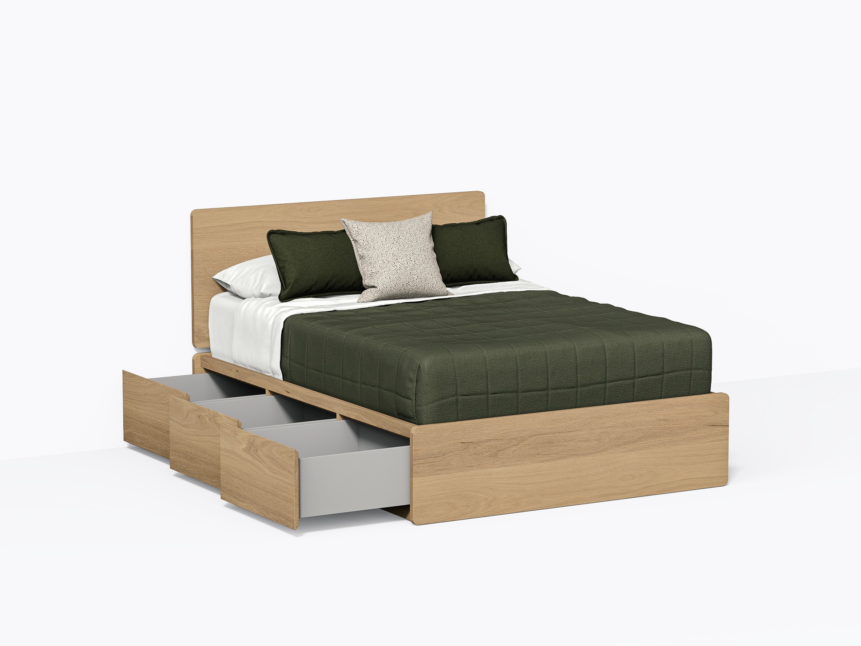 Baxter Bed with Drawers, Double with headboard in White Oak