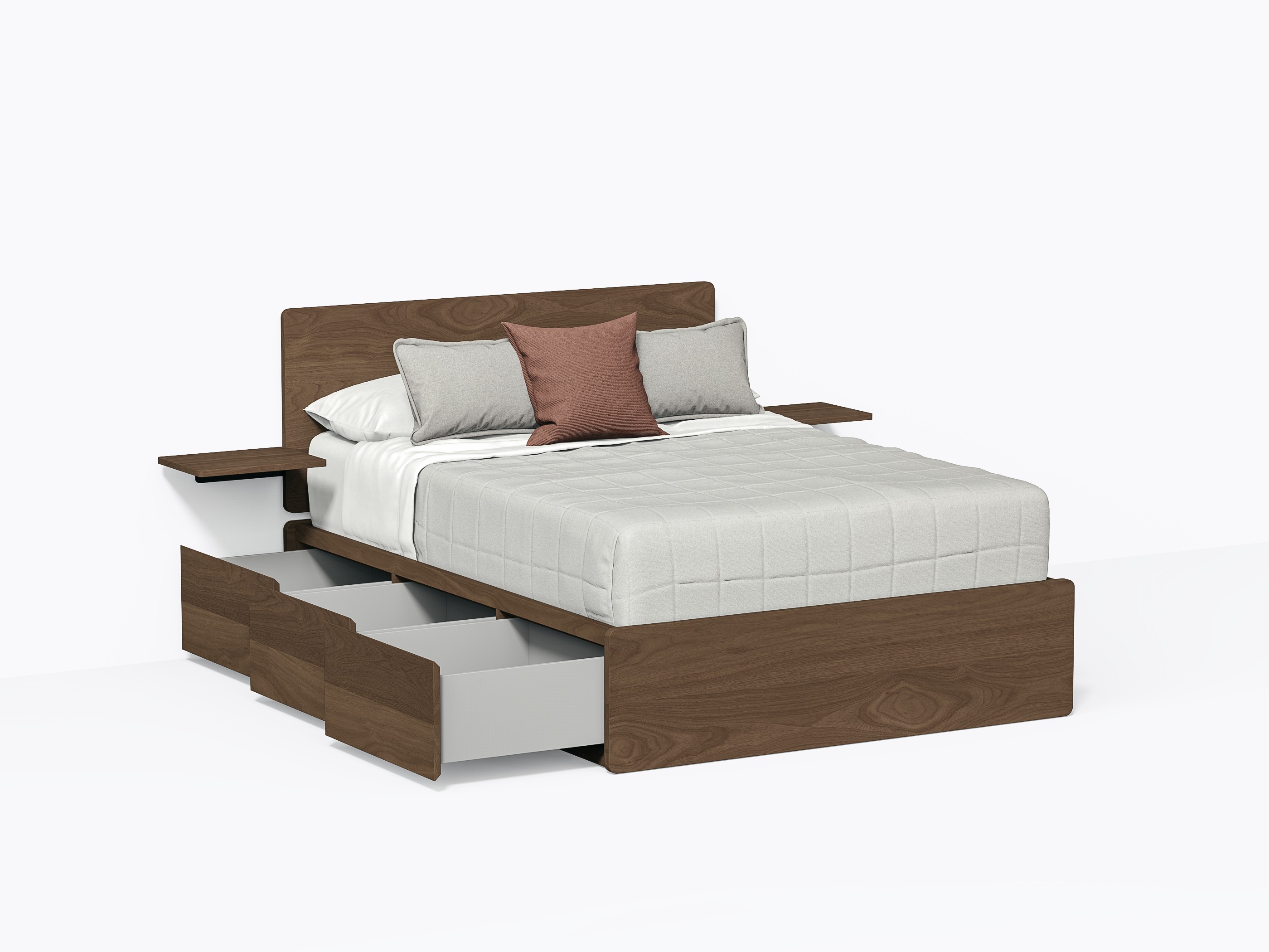 Baxter Bed with Drawers, Double with headboard and shelves in Walnut