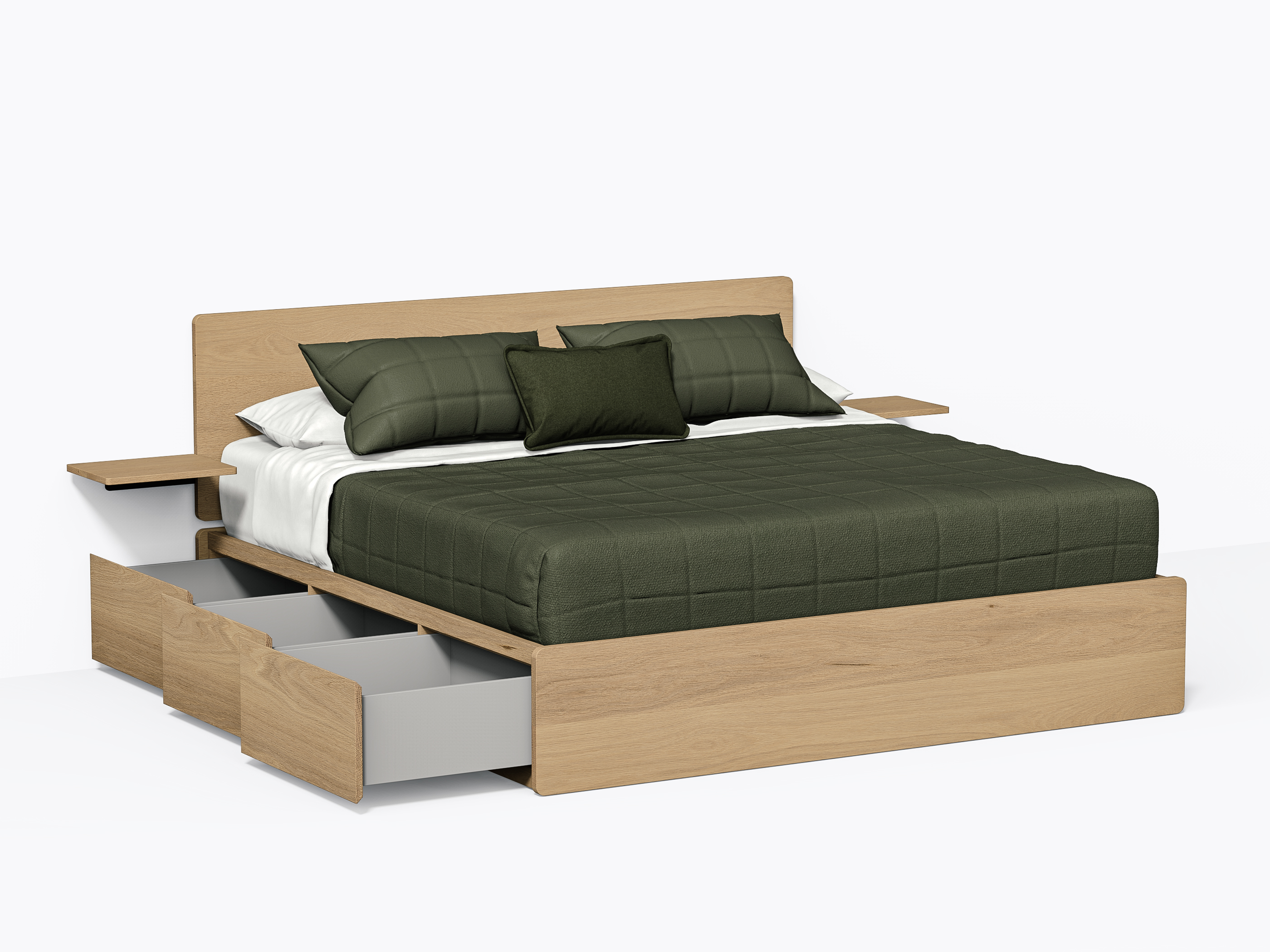 Baxter Bed with drawers - King with headboard and shelves - White Oak