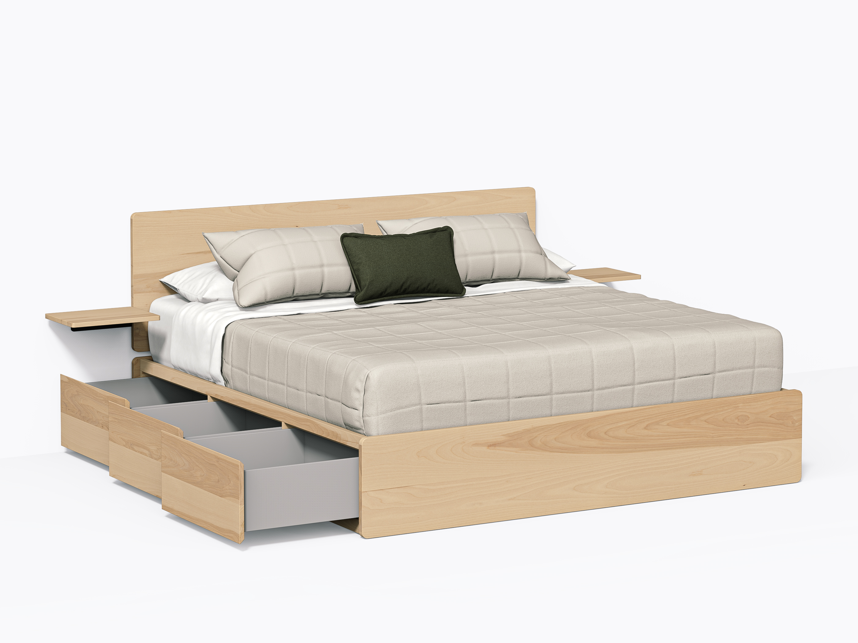 Baxter Bed with drawers - King with headboard and shelves - Yellow Birch