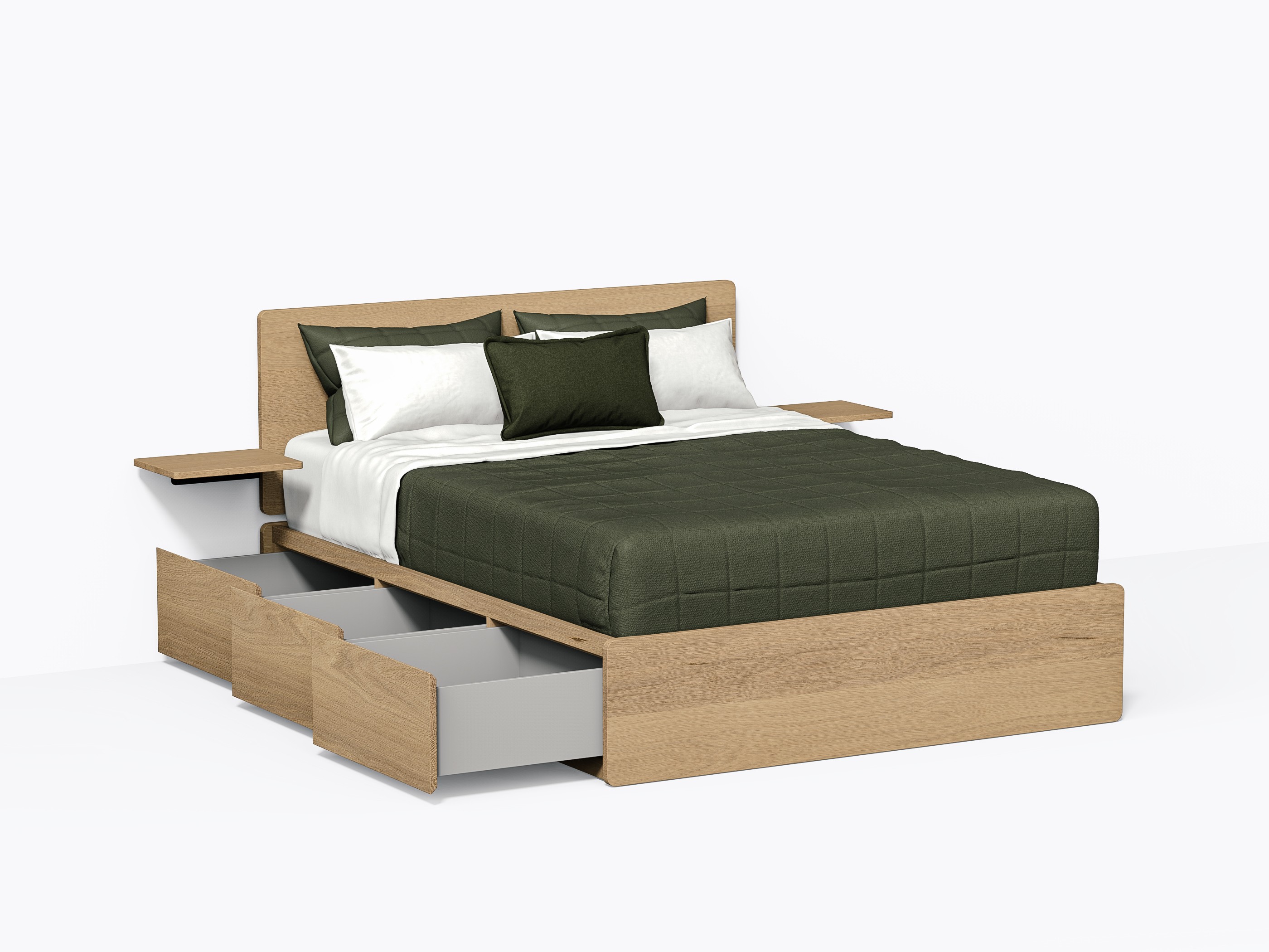 Baxter Bed with Drawers, Queen with headboard and shelves in White Oak