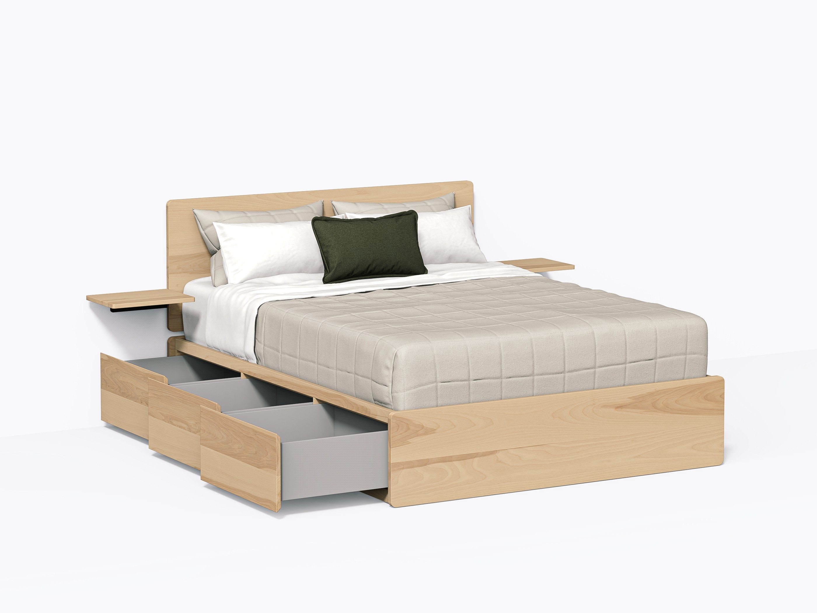 Baxter Bed with Drawers, Queen with headboard and shelves in Yellow Birch