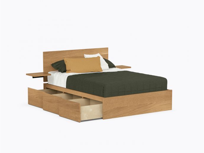Baxter Bed with drawers - Double with headboard and shelves - White Oak