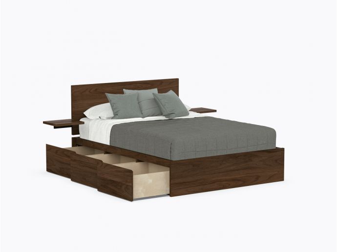 Baxter Bed with drawers - Double with headboard and shelves - Walnut