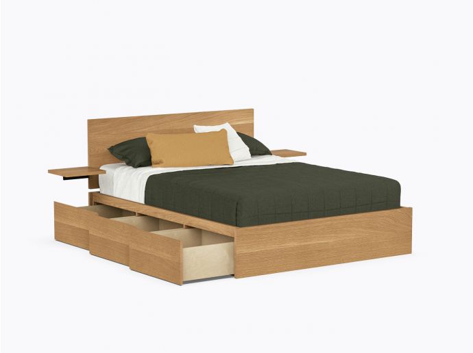 Baxter Bed with drawers - Queen with headboard and shelves - White Oak