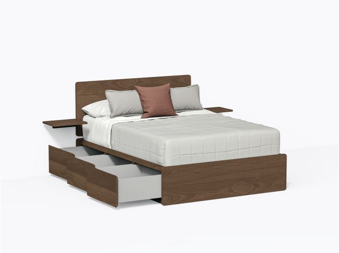 Baxter Bed with Drawers, Double with headboard and shelves in Walnut