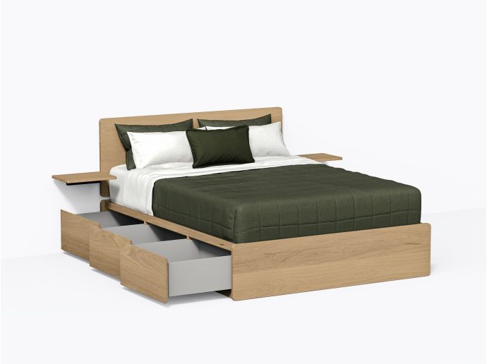 Baxter Bed with Drawers, Queen with headboard and shelves in White Oak