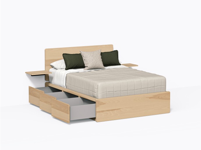 Baxter Bed with Drawers, Double with headboard and shelves in Yellow Birch