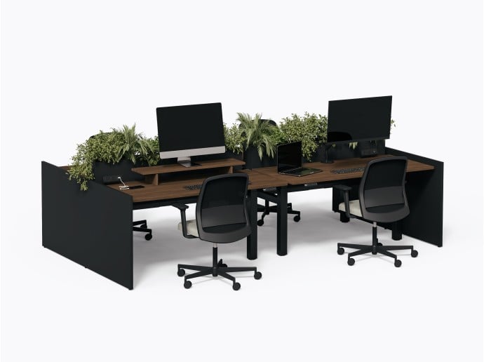 Îlot de travail Pareto - 4 postes - Stratifié Noyer - Diviseur plante