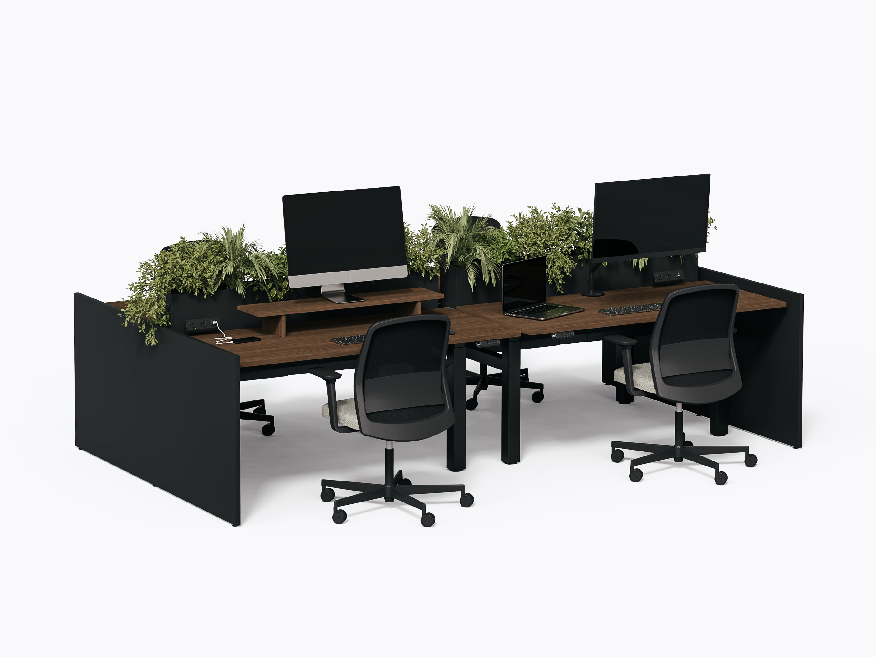 Îlot de travail Pareto - 4 postes - Stratifié Noyer - Diviseur plante